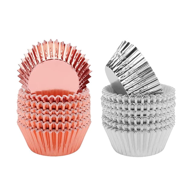 200 moldes metálicos para muffins, envoltorios de papel para cupcakes y pasteles (plata y oro rosa)