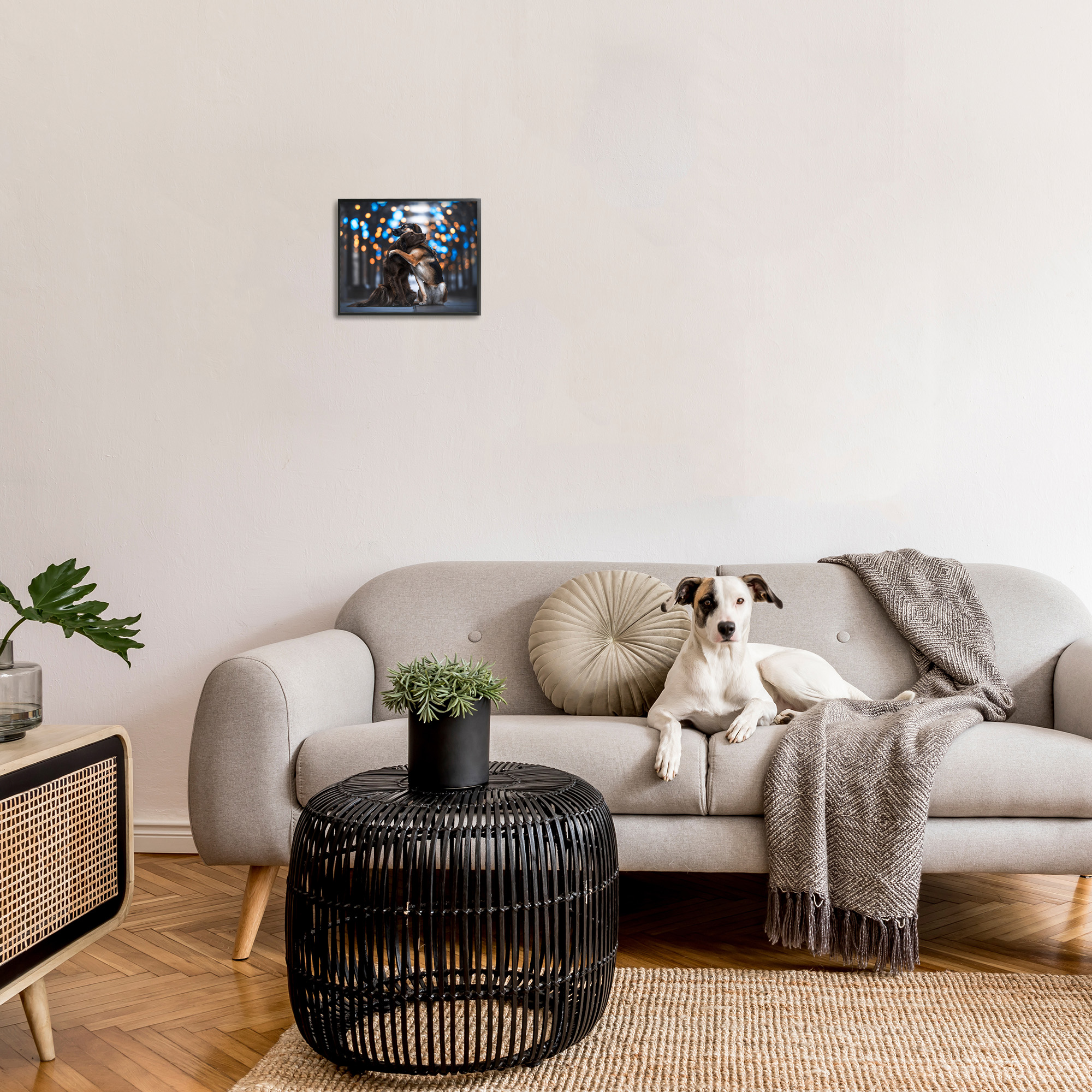 Stupell Industries Hugging Dogs with Bokeh Animals & Insects Painting Black Framed Art Print Wall Art, 14 x 11