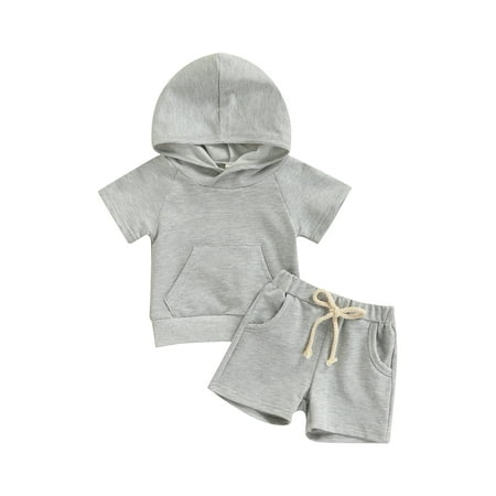 

HUJUKULUDUSU Infant Baby Boy Summer Outfits Short Sleeve Hoodie Sweatshirt Jogger Shorts 2pcs Clothes Set Gray 0-3 Months