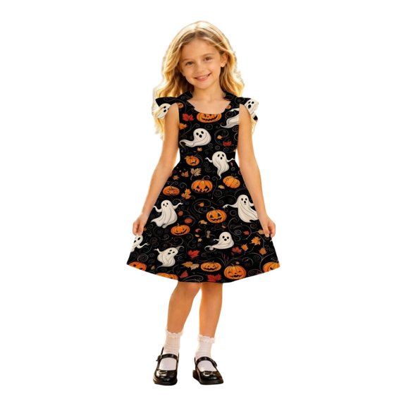Vividxx Girl Halloween Dress Pumpkin Ghost Print Sleeveless Tie-Shoulder A-Line Swing Dress Fall Party Outfit for Kids 6-7 Years