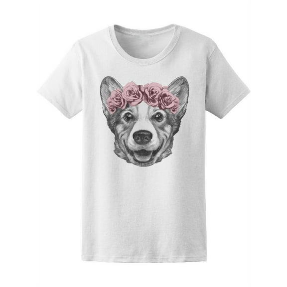 Corgi With Floral Head Wreath T-Shirt Women -Image by Shutterstock, Female Large