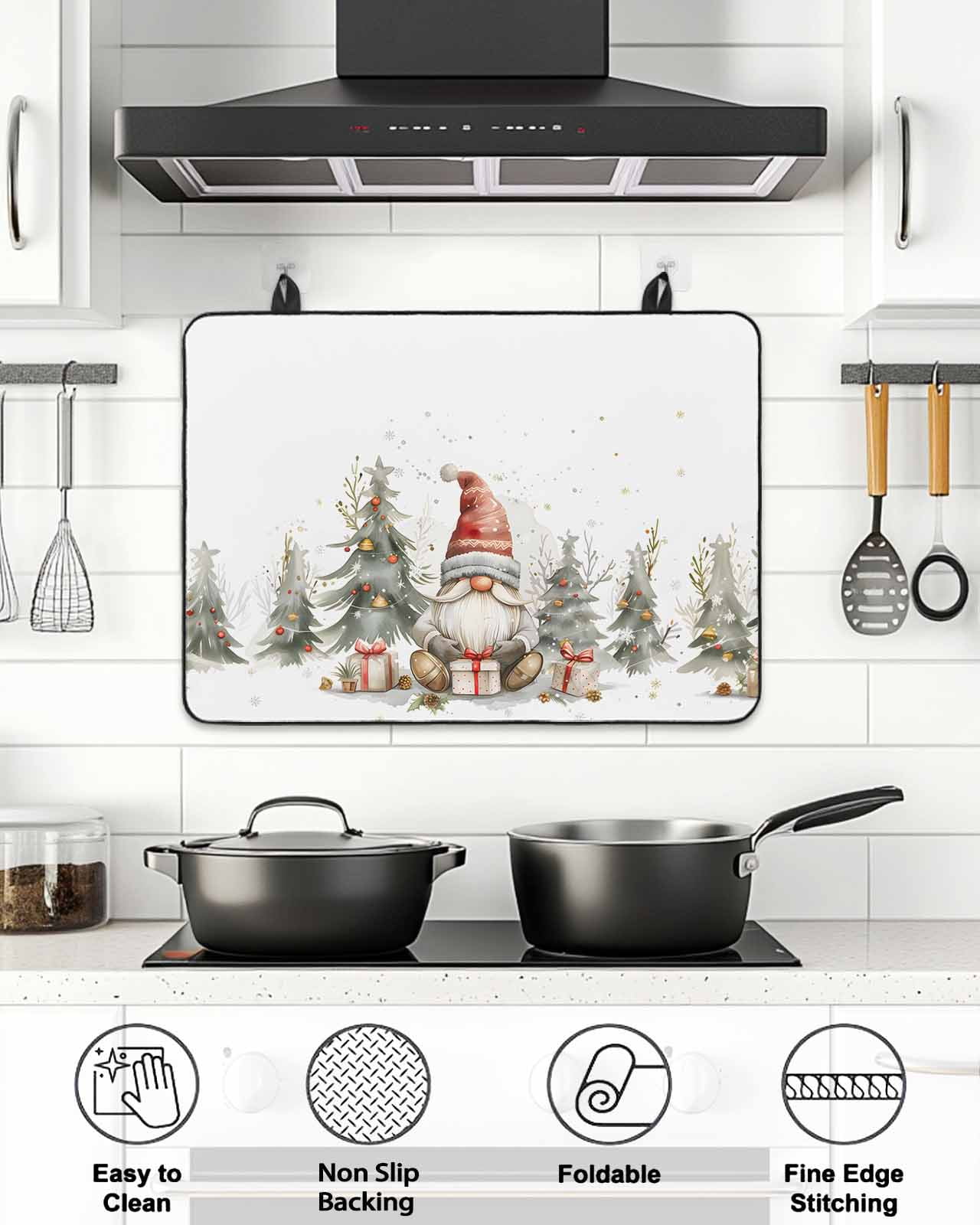 Christmas Stove Top Covers for Electric Stove, 28'x20'' Gnome Evergreen Cap Bells Watercolor Glass Ceramic Stove Cover Foldable Rubber Mat Heat Resistant Cooktop Protector for Kitchen