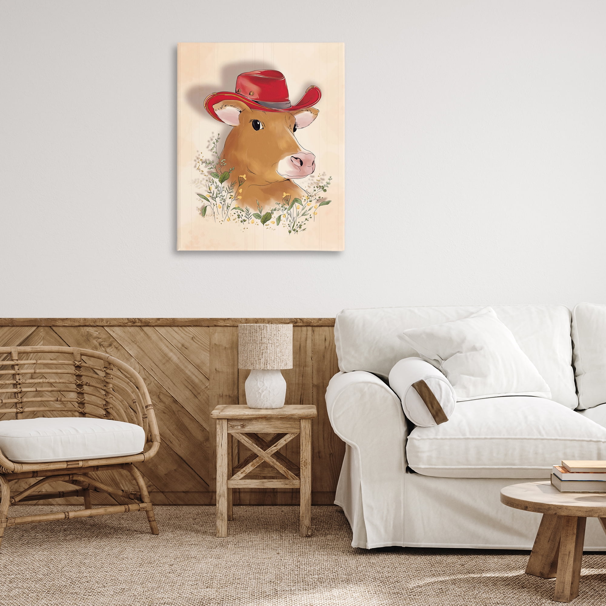Stupell Industries Cow with Red Cowboy Hat Animals Painting Wrapped Canvas Art Print Wall Art, 30 x 40