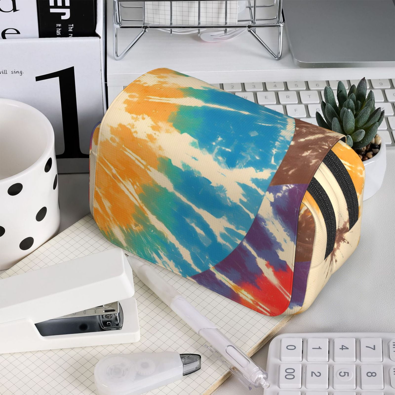 Large-Capacity Flip-Top Double-Layer Pencil Case, Multi-Functional Pocket Pen Case, Durable Stationery Organizer Brown Tie-Dye Background Rainbow Colors
