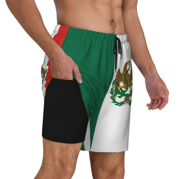 Men's Mexican Flag Swim Trunks with Compression Liner Bathing Suit Swimwear