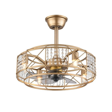 

Loyalheartdy 20 Caged Crystal Ceiling Fan Light Modern Gold Invisible Chandelier Flush Mount 5 Blades 3 Speed Remote Lamp 4xE27