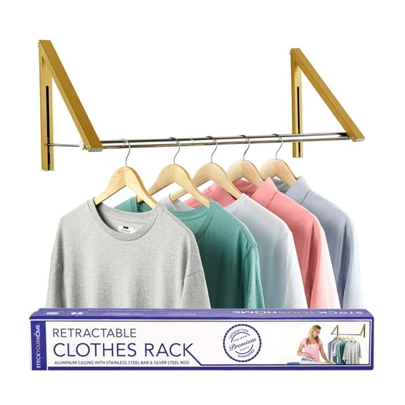 Double Foldable Clothing Rack w/ Extension Rod, Wall-Mounted Retractable Clothes Hanger for Laundry Dryer Room, Hanging Drying Rod, Small Collapsible Folding Garment Racks, Dorm Accessories (Gold)