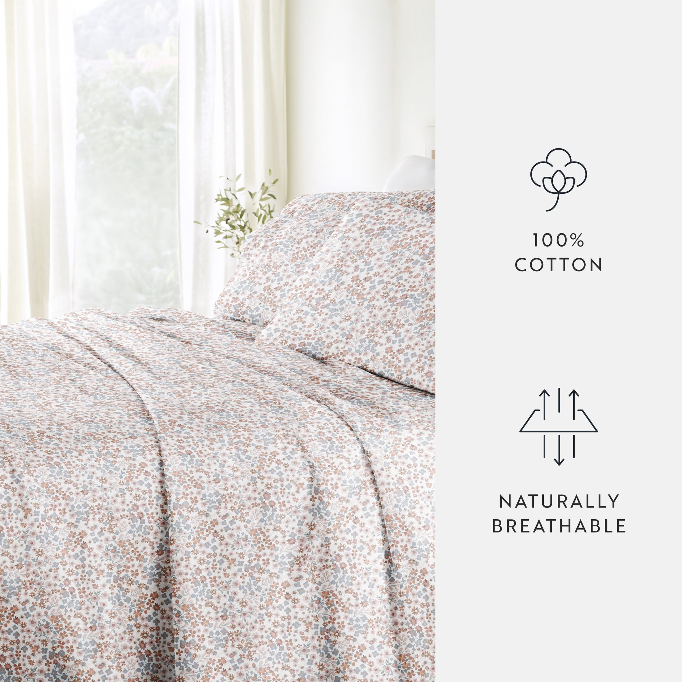 Noble Linens 4 Piece 300TC Cotton Printed Sheets, Garden Bloom Honey, King