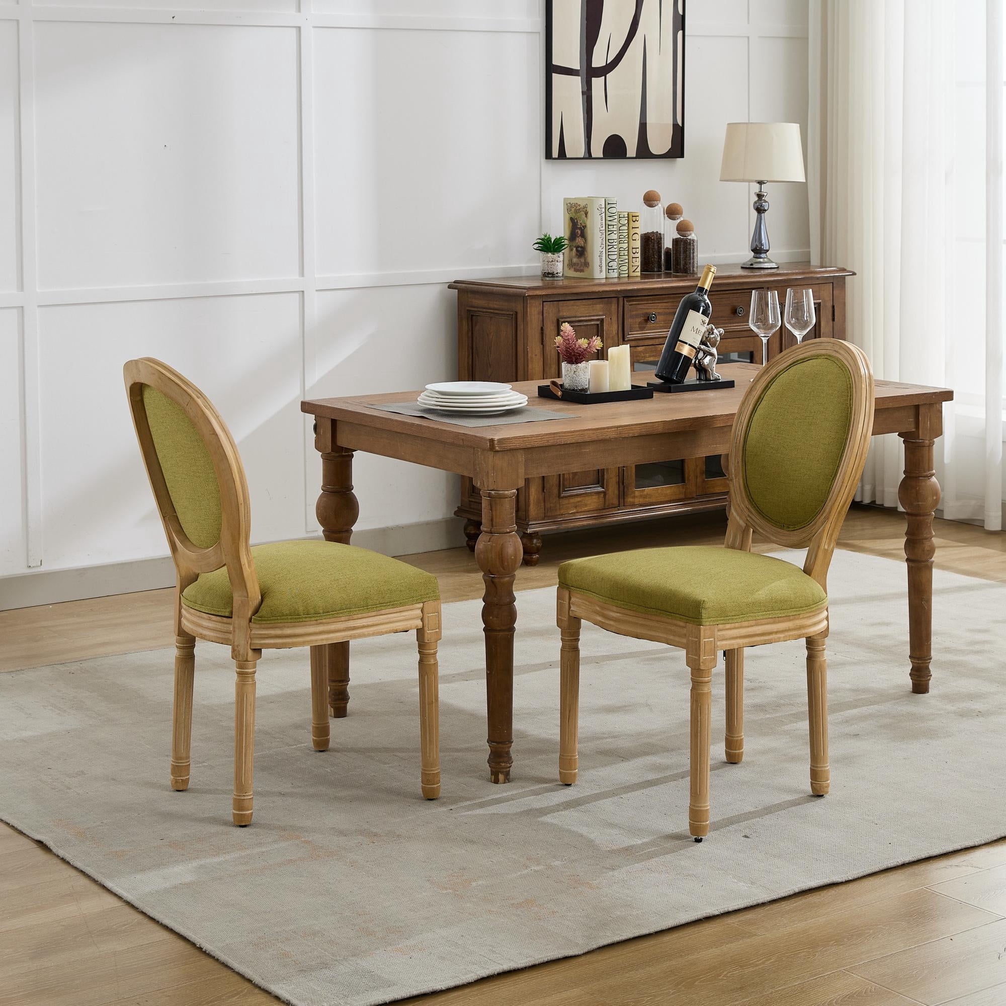 Miniyam Dining Chair Set of 2, French Style Antique Painting Linen Fabric Back, Olive Green