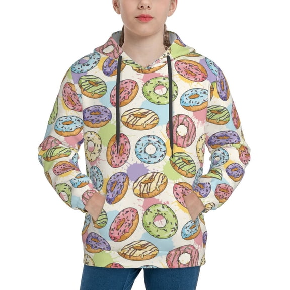 Rateoe Glazed Donuts Pattern Boys Hoodie, Youth Pullover Hooded Sweatshirt, Kangaroo Pocket Hoodie for Kids-Small