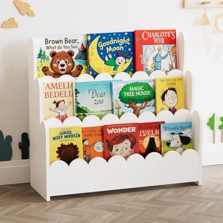 3-Tier Scalloped Bookshelf Montessori Bookcase for Toddlers Wooden Book Shelf Organizer Display Furniture for Kids Rooms Playroom Nursery and Classroom White