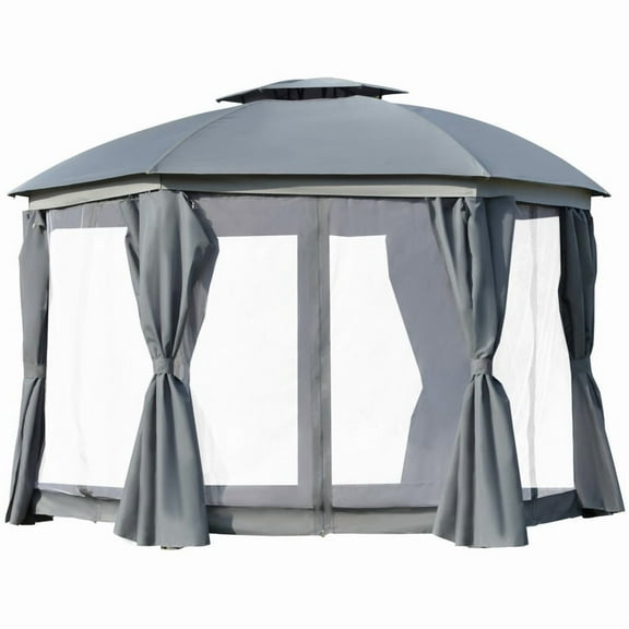 Outsunny 12' x 12' Round Outdoor Gazebo, Patio Dome Gazebo Canopy Shelter with Double Roof, Netting Sidewalls and Curtains, Zippered Doors, Strong Steel Frame, Grey On-Site