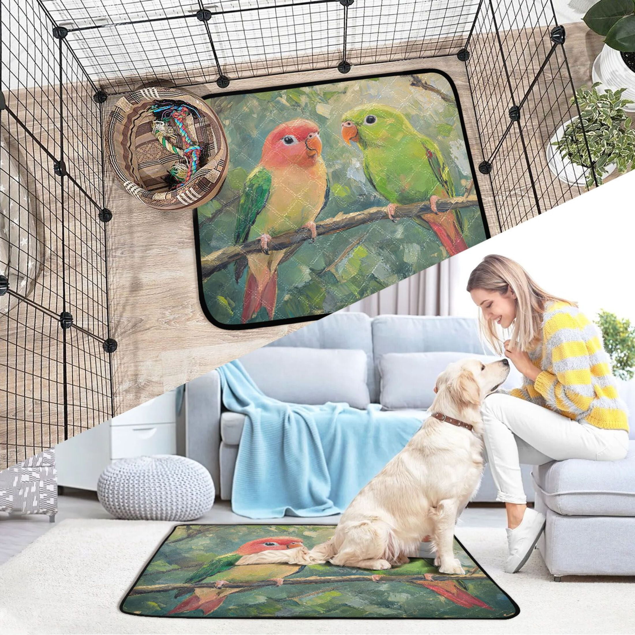 Qxltty Two Playful Parrots Cat litter Pads Pet Set of 3 Diaper Mats Center Anti-leakage Layer Absorbent Soft and Comfortable