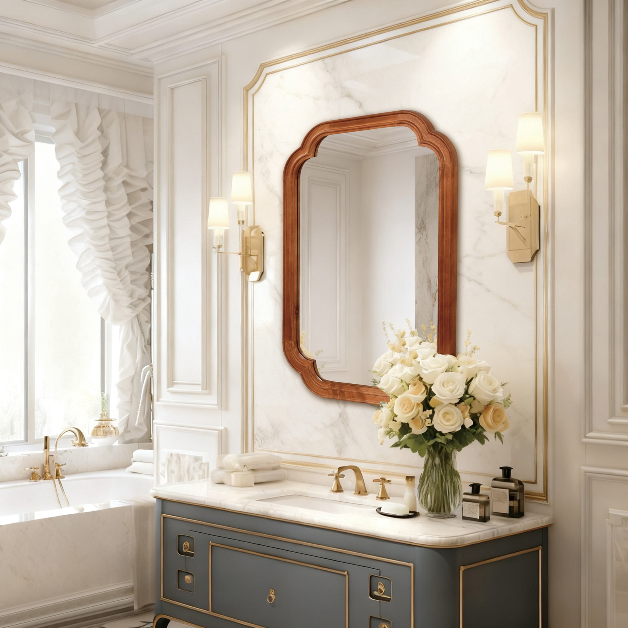 Noble House 20"x30" Rounded Corner Wall Mirror, Solid Wood Decorative Vanity Mirror, Yellowish