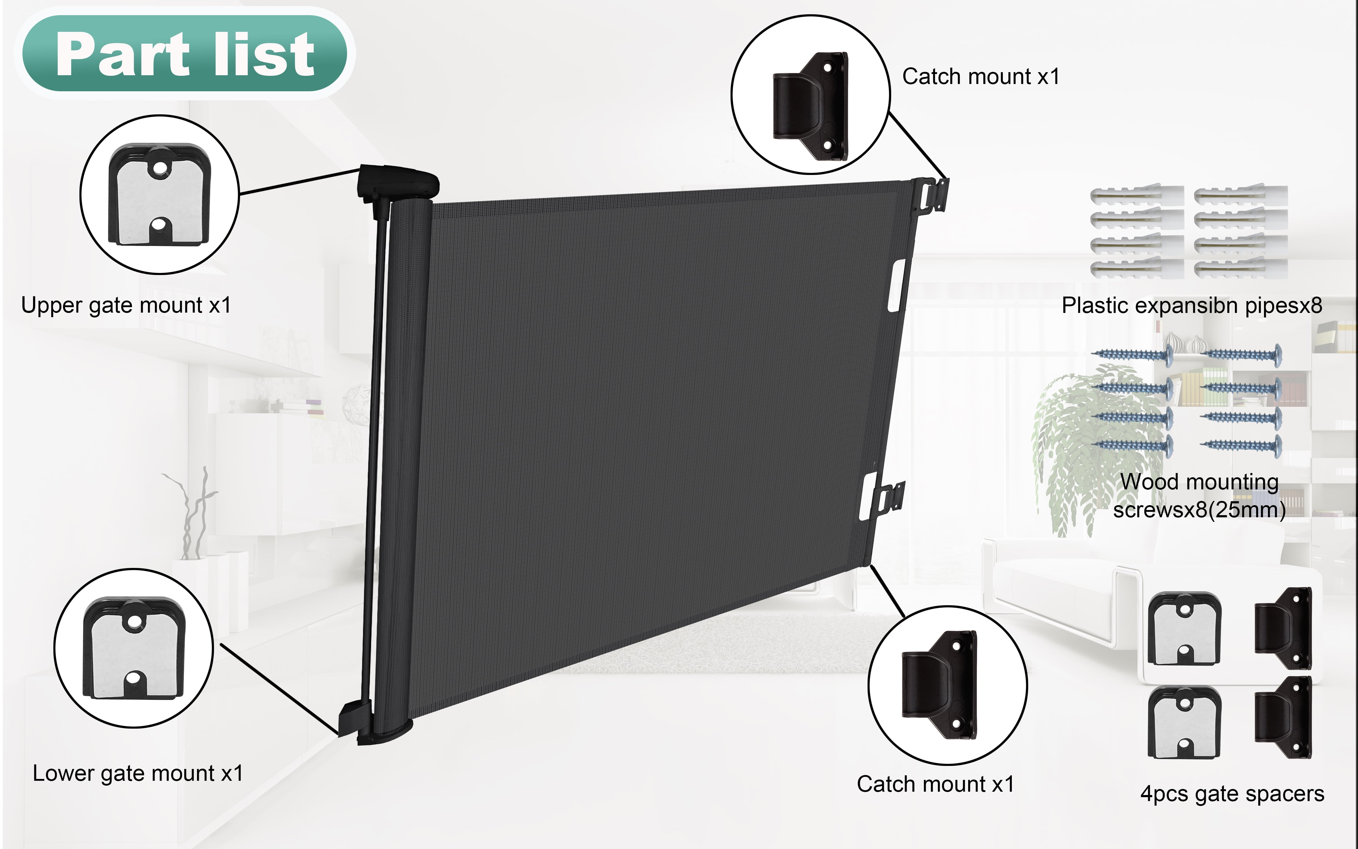 stusgo Retractable Baby Gate 33"x55"（1.4m）- Retractable Dog Gate (Black)