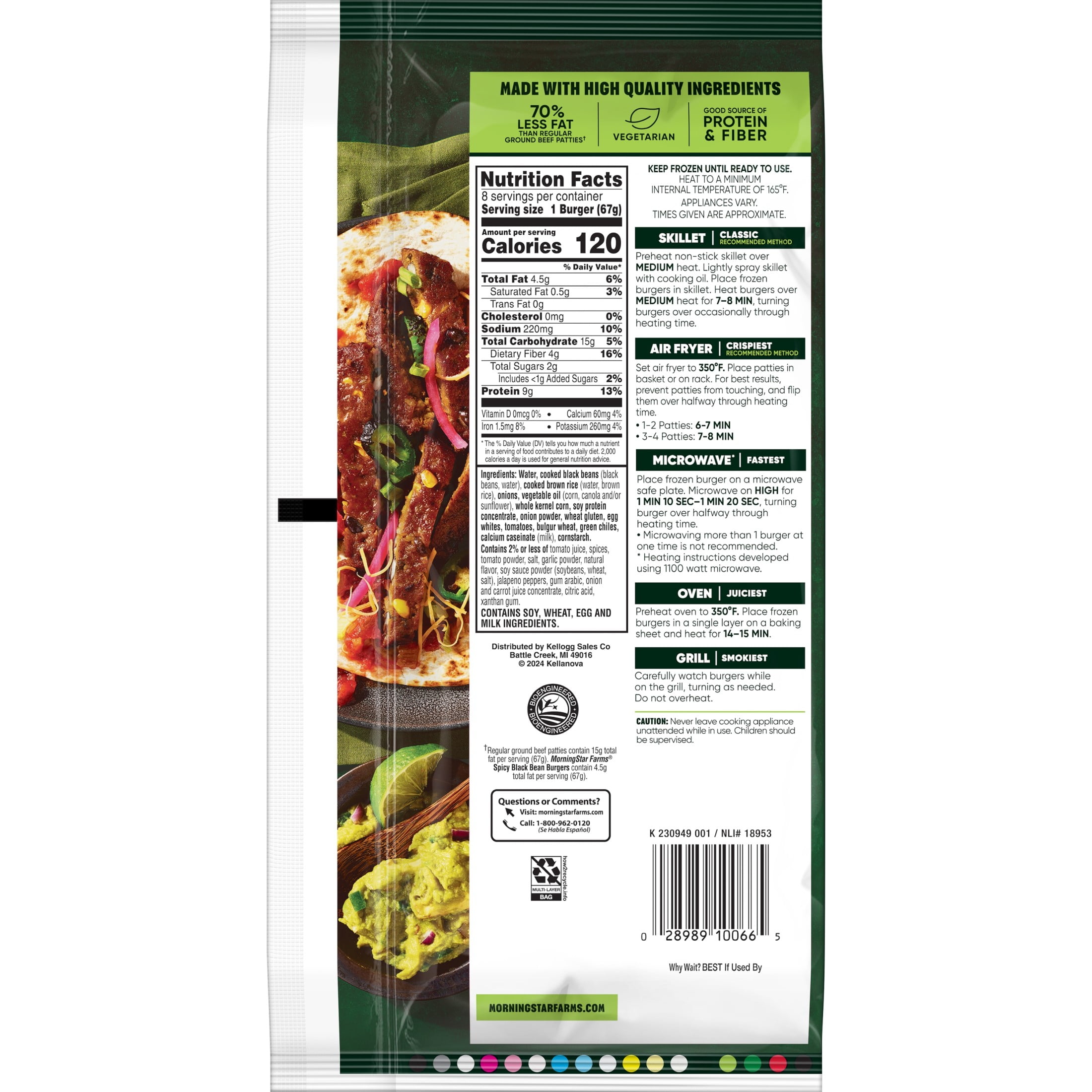 MorningStar Farms Spicy Black Bean Veggie Burgers, Vegetarian Meat, 18.9 oz, 8 Count (Frozen)