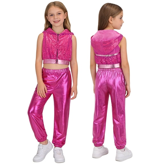 inlzdz Girls Hip-Hop Jazz Modern Dance Sets Sleeveless Sparkly Sequins Hooded Crop Top with Metallic Pants Hot Pink 10