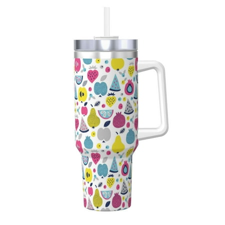 

Uemuo Doodle Fruits Print 40oz Ice Bully With Handle And Straw Stainless Steel Vacuum Insulated Cup And 2 In 1 Straw Lid Insulated Travel Tumbler