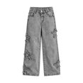 thumbnail image 6 of YunPes Girls Y2K Denim Pants Frayed Star Embroidered Wide Leg Pants with Elastic Waist Trendy Straight Leg Trousers Hip-Pop Streetwear, 6 of 6