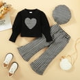 thumbnail image 3 of Kucnuzki 2T Toddler Girls Outfits 3T Toddler Girls Puff Sleeves Top Long Sleeves Top Heart Print Sweatshirt Plaid Flared Pants with Hat 3pcs Pant Sets Black, 3 of 8