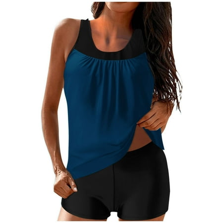 ZQGJB Tankini Swimsuits for Women Two Piece Bathing Suits Mesh Patchwork Blouson Tank Top with Boyshorts Tummy Control Modest Swimsuits(Dark Blue M)