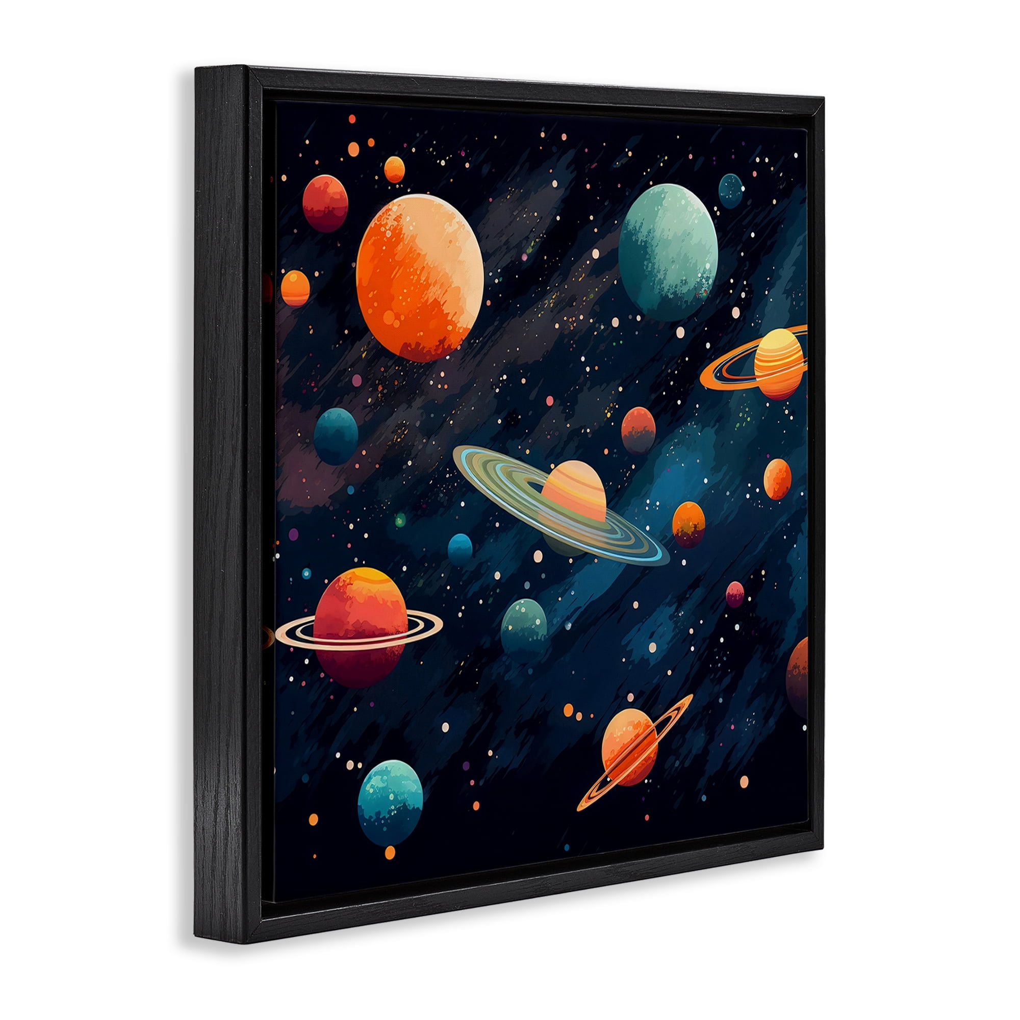 Stupell Industries Orange & Blue Planets in Orbit Black Framed Floater Canvas Wall Art, design by Creative Studio