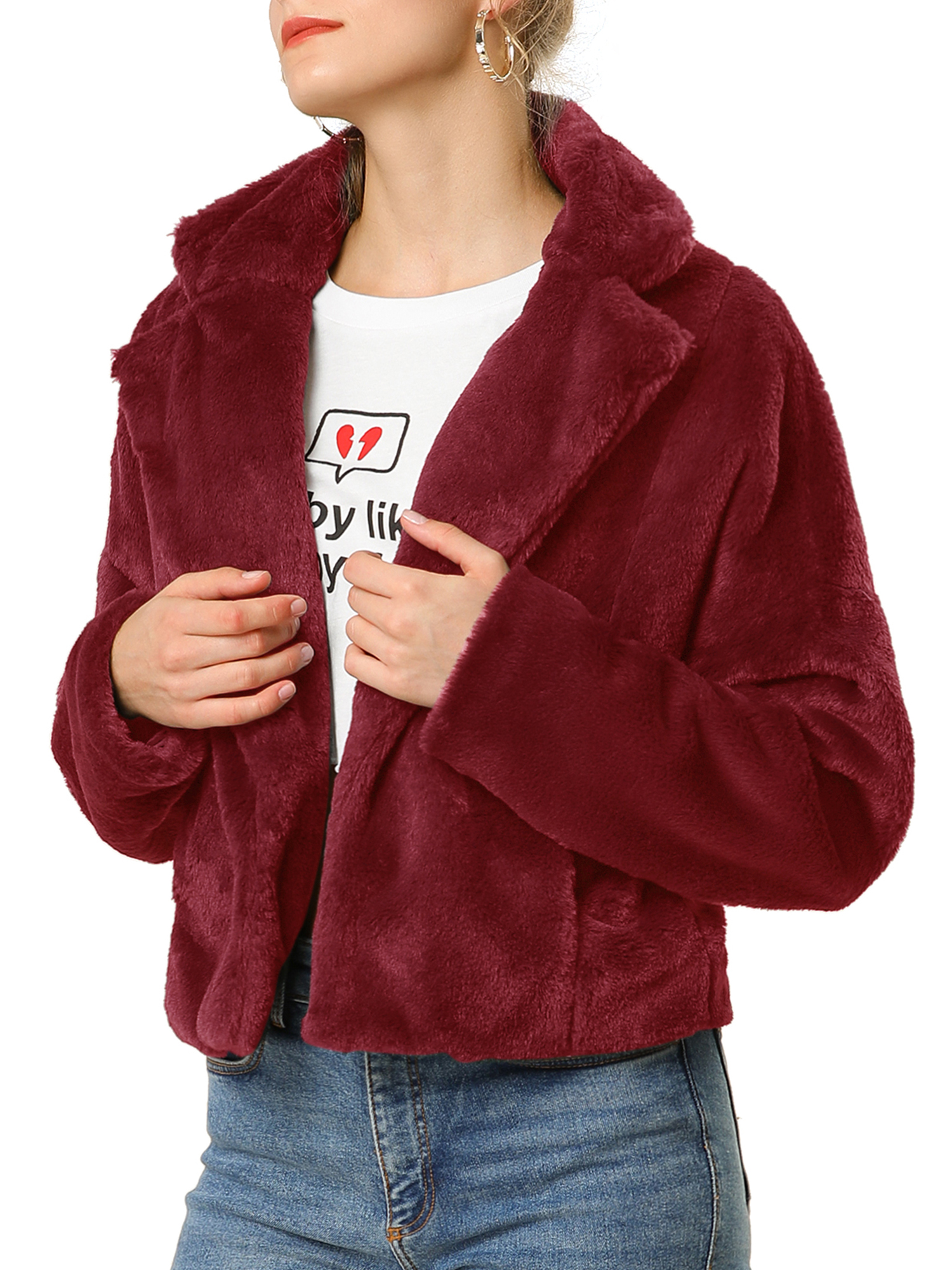 Unique Bargains Women's Cropped Jacket Notch Lapel Faux Fur Fluffy Coat L Burgundy - image 2 of 7
