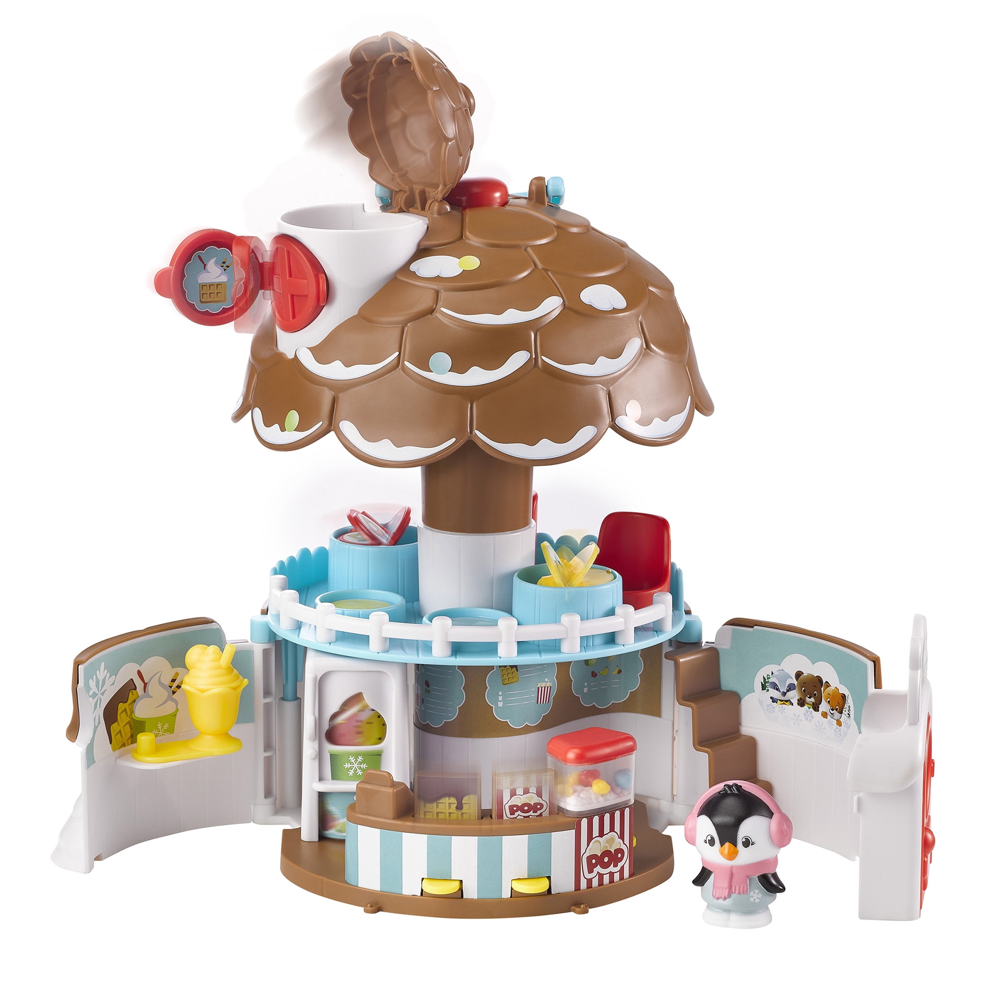 Timber Tots: The Pine Cone Snack Bar - 5pc Dessert Toy Playset, Penguin Animal Figurine, Open & Reveal Treats Shop, Pop-Up Feature, Kids-Toddler 18Mo+
