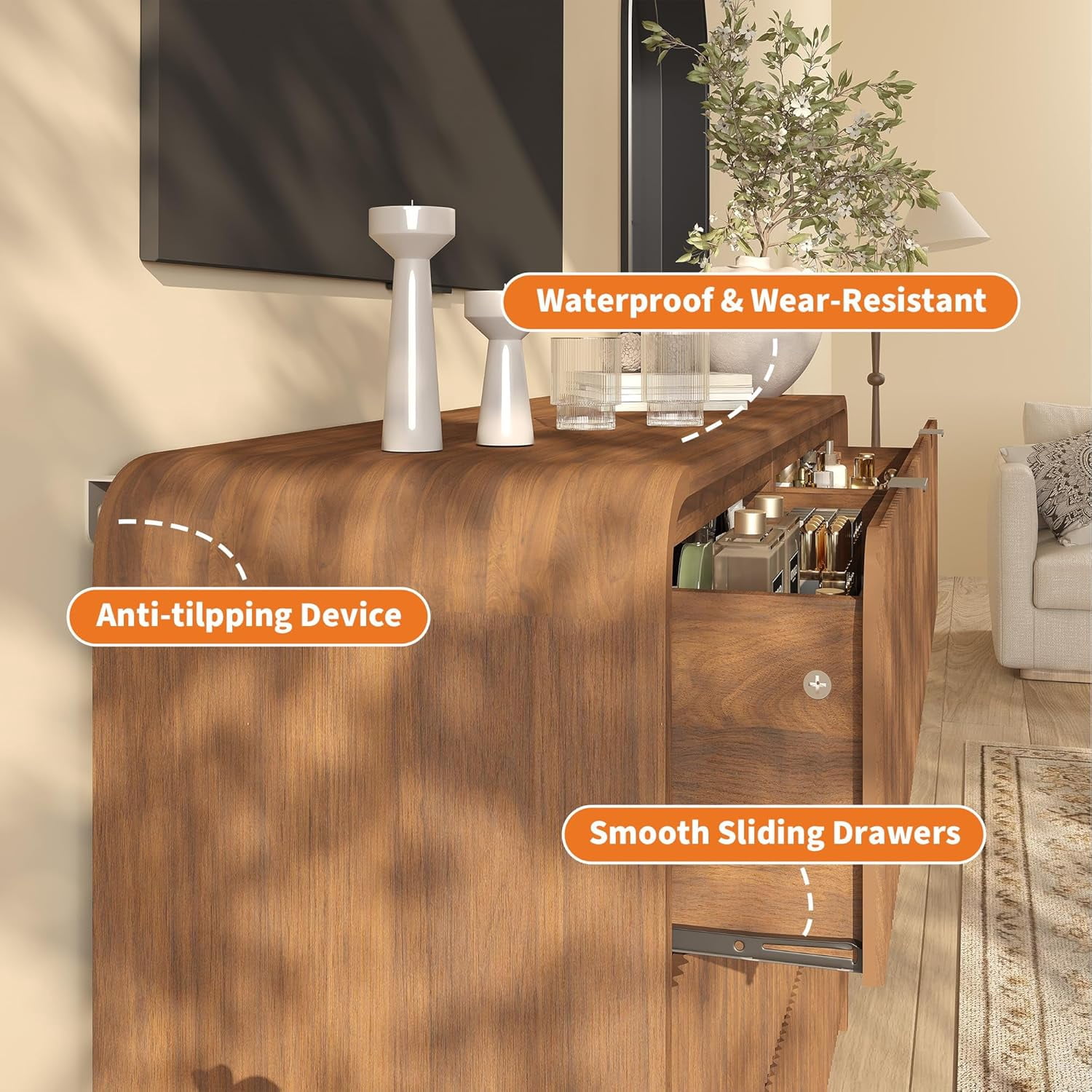 Fluted 6-Drawer Tall Dresser, Walnut Wood Deep Chest with Rounded Edge for Bedroom, Living Room, Hallway