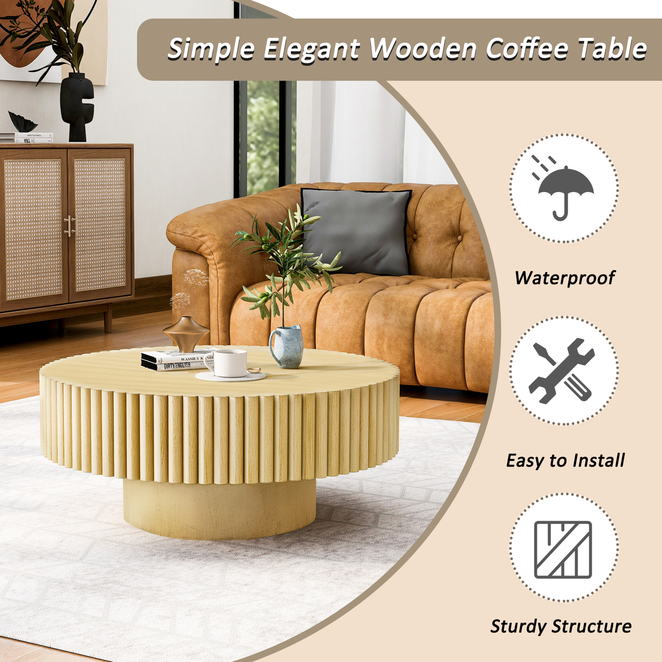 Noble House 31.5" Round Fluted Drum Coffee Table, Solid Wood Modern Center Table for Living Room, Natural