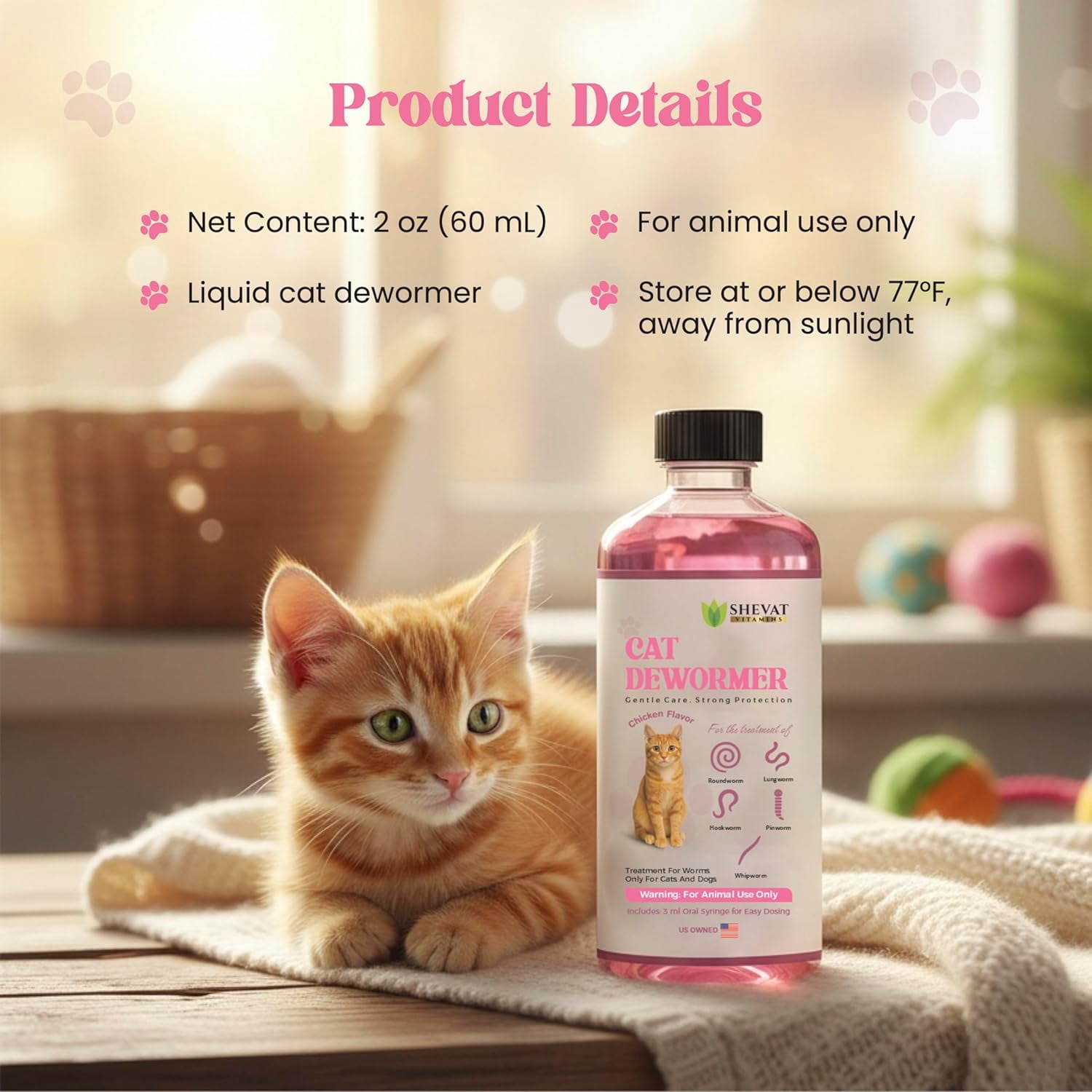 Dewormer for Cats Liquid – Chicken Flavor Cat Dewormer for Cats & Kittens – Oral Formula with Syringe – Tapeworm Care Support – 2 oz (60 ml)