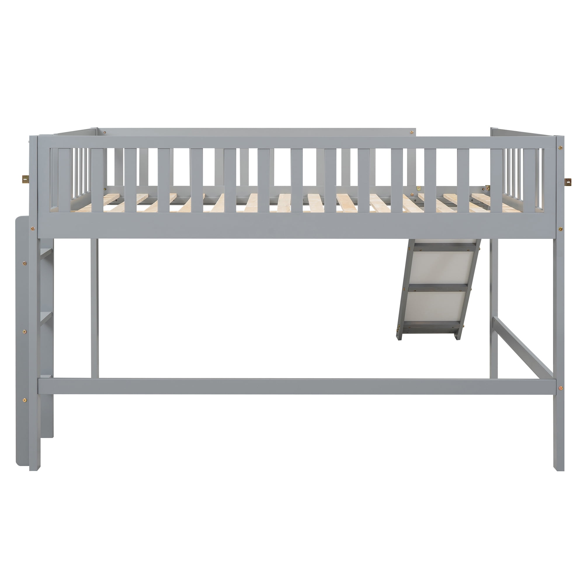 MAYEERTY Full Size Low Loft Bed with Ladder and Slide,Gray