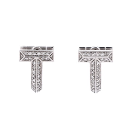 T1 Huggie Hoop Earrings 18K White Gold with Half Pave Diamonds By Rebag