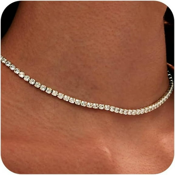 Tennis Necklace For Women 14K Gold Plated Or Silver Rhinestone Choker Necklaces Dainty Zirconia Cut Faux Diamond Chain 3Mm[o7095]