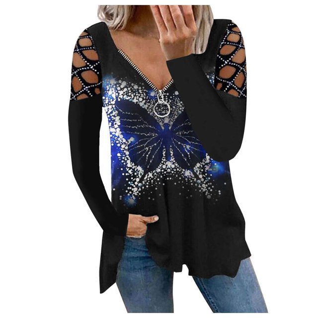 Gibobby Blusas De Mujer Tops Blusa Casual con cuello en V Estampado Camisas de manga larga con cremallera Blusa de mujer(Azul, S)