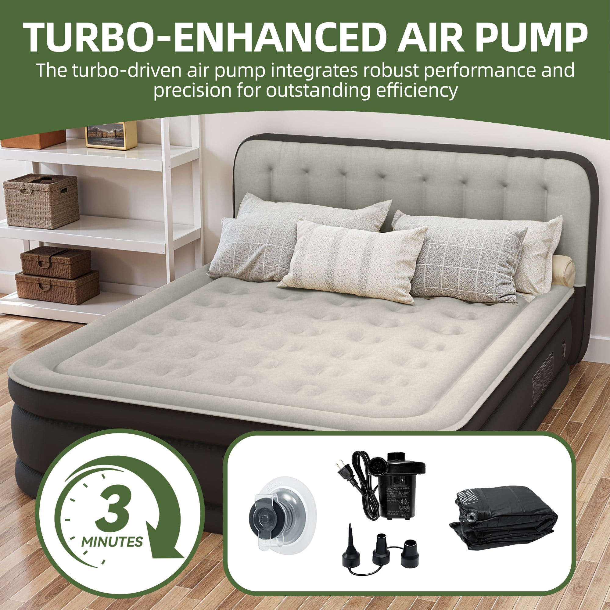 Uforic 18" Queen Air Mattress with Built-in Pump, Flocked Top Inflatable Bed with Banded Headboard for Home, Camping & Guests, Black