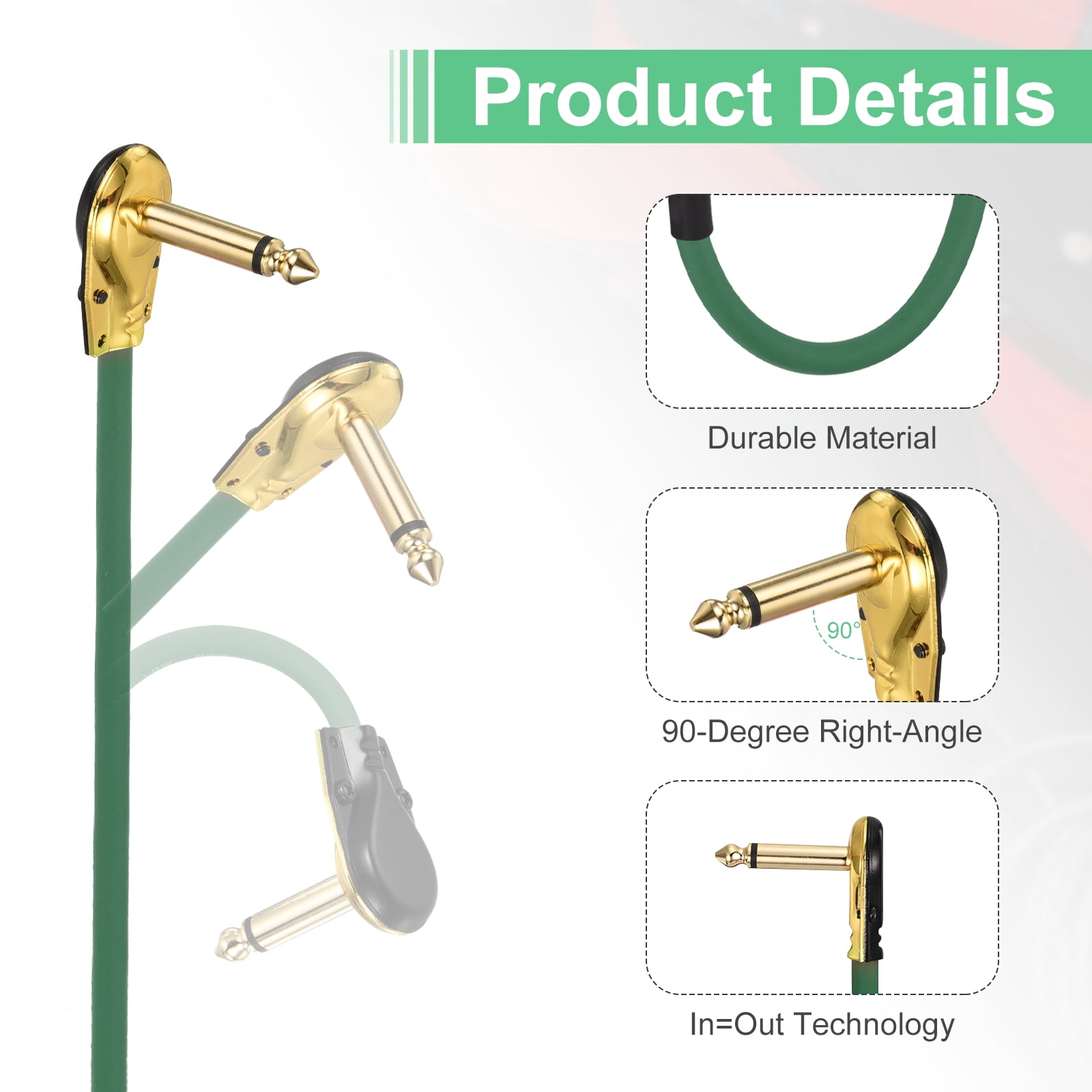 Uxcell 3 Pcs Guitar Patch Cables 15 Inch Pedal Board Cord 1/4 Inch Metal Flat Head TS Right Angle Guitar Patch Effect Cable Cord for Instrument Effect Pedal Mixing Console, Green