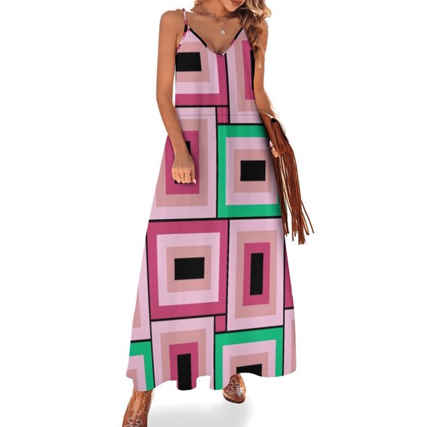 Vestido sin mangas con patrón de rectángulos en rosa y verde moderno de mediados de siglo, vestidos de noche para mujer, vestido morado