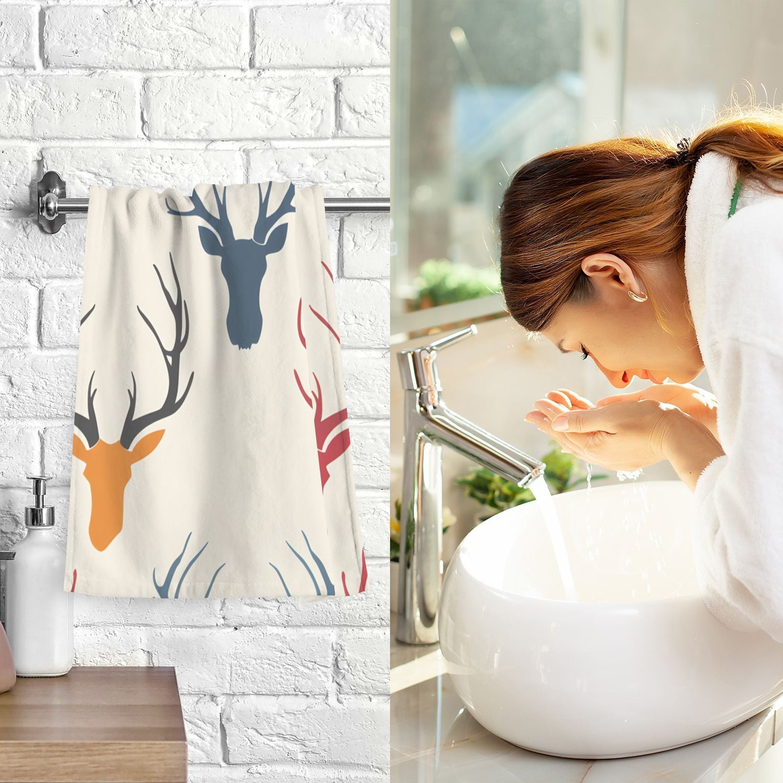 Print Antlers Deer Head Hand Towel Bath Towels Face Towels Cotton Absorbent for Home Hotel Spa Swimming Yoga Sports Decorative Towel Set of 2