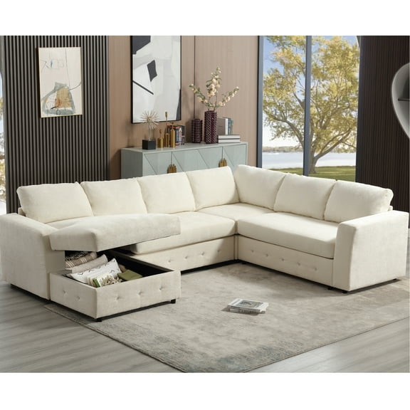 110.75" Sectional Couch With Spacious Storage, Chenille Fabric, Crystal Button Accents, Beige For Contemporary Living Copious Storage Features,