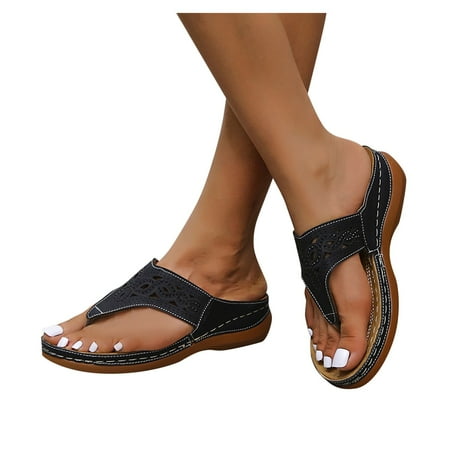 

KI-8jcuD Women Slippers Flowers Hollow Pu Leather Woman Sandals 2023 Outdoor Casual Wedges Vintage Slipper Slip On Summer Shoes for Women Black Black Size9