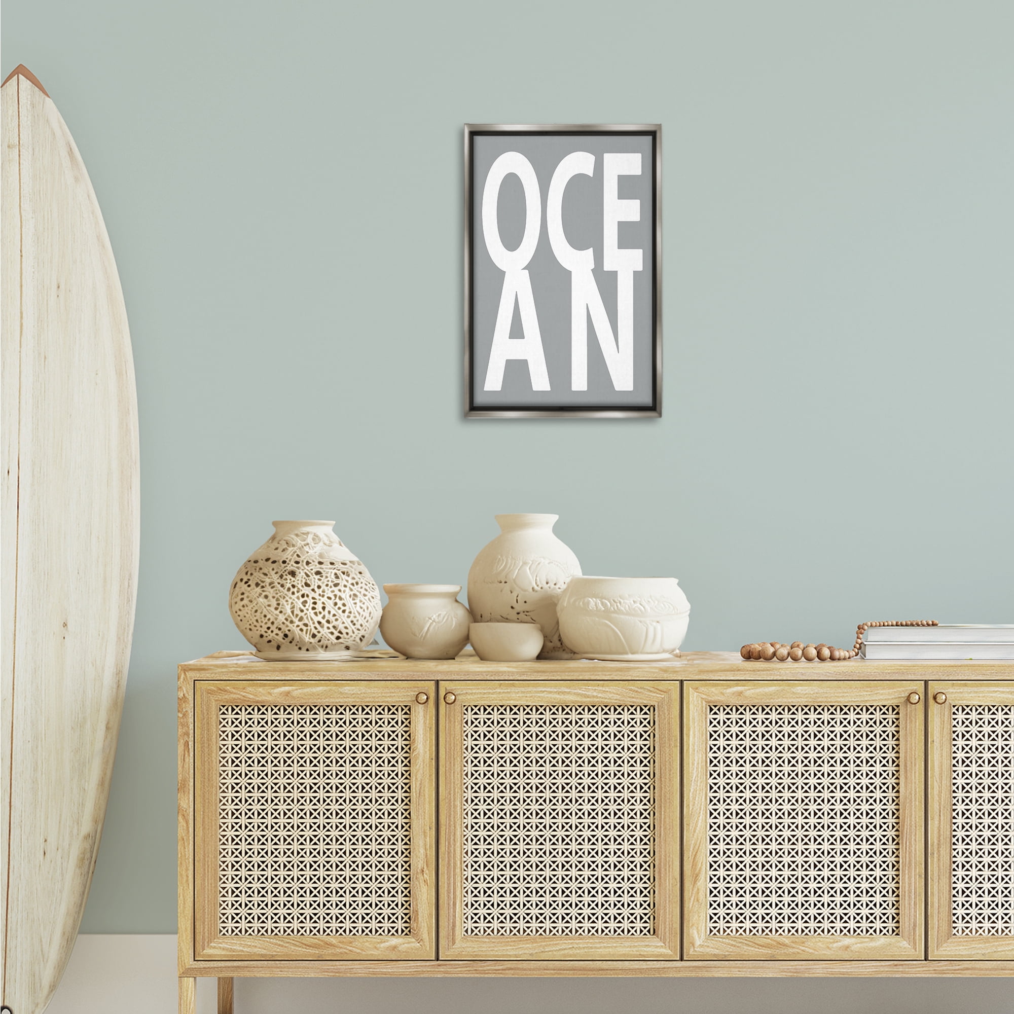 Stupell Industries Ocean Word on Grey Typography Painting Gray Floater Framed Art Print Wall Art, 17 x 25