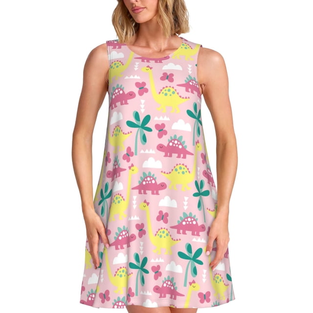 Easygdp Dinosaur para Vestido Transpirable de Mujer, Vestido Suelto de Manga Corta con Pliegues y Bolsillos para el Verano