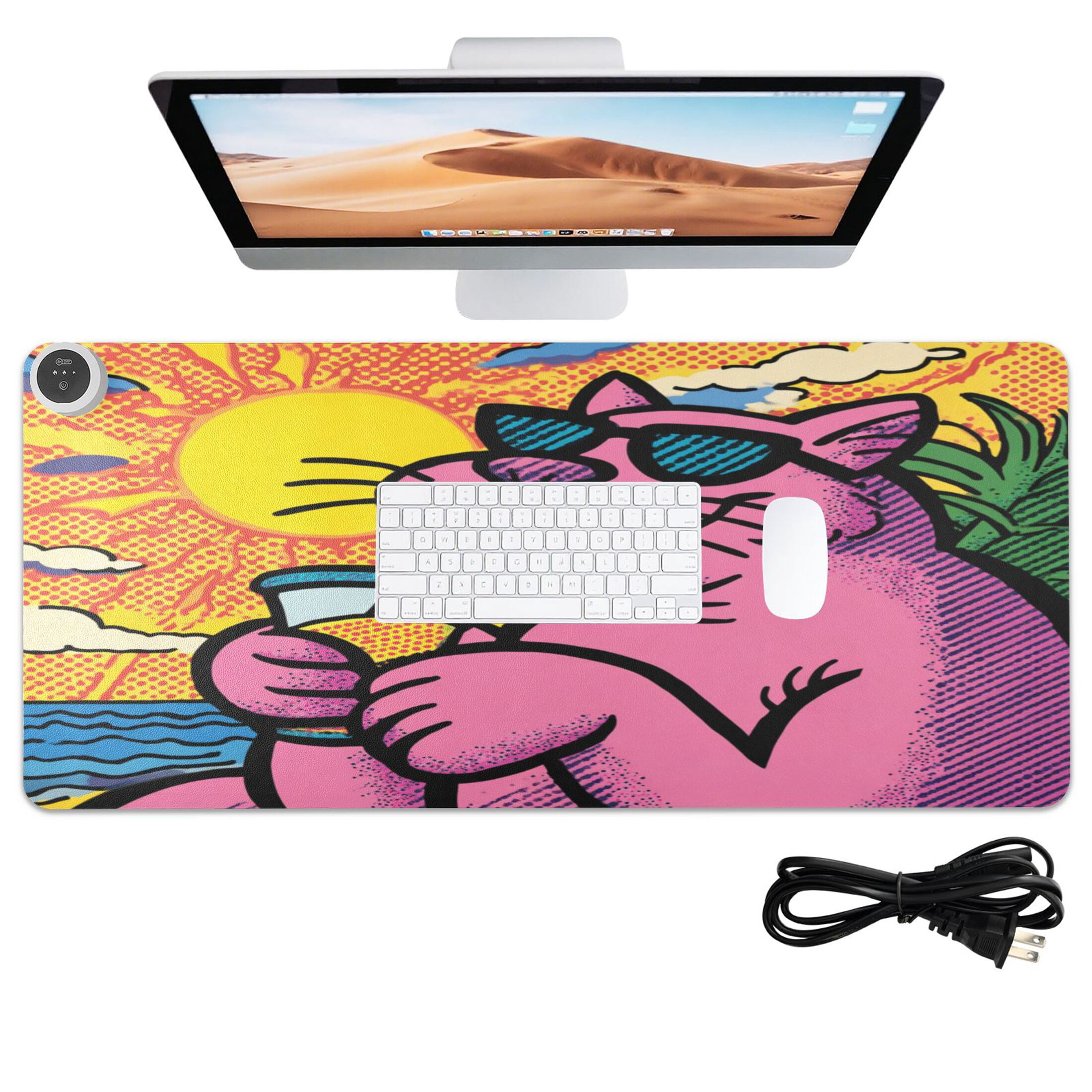 Large Heated Desk Mat Mouse Pad 31.5"x13"PU Leather Graphene Heating Desk Warmer with 3 Temperature Settings 110V US Plug Non-Slip Warm Pad for Home, Office, and Gaming Cartoon Cool Pink Cat