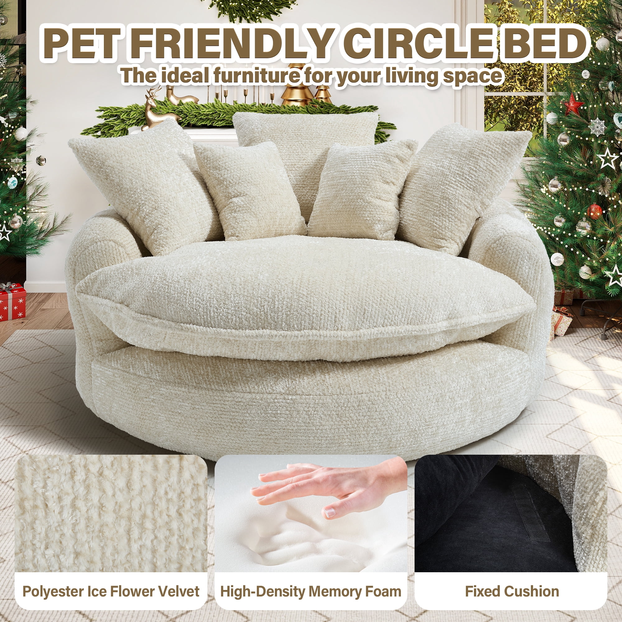 Aukfa 55" Oversized Round Chaise Lounge Chair, Fluffy Deep Seat Cloud Floor Sofa, Modern No Assembly Couch, Beige