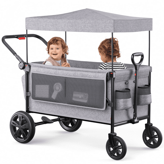 SACVON All-Terrain Stroller Wagon for Toddlers with Canopy, Parent Organizer, Adjustable Handlebar, 2 Cup Holders