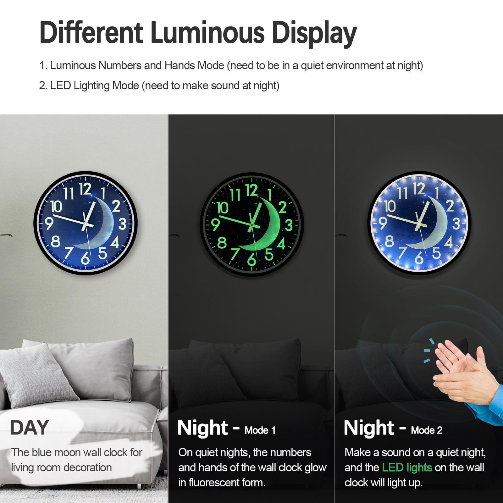 JoFomp LED Wall Clock with Luminous Moon & Starry Sky | Smart Sensor | Glowing Numbers | Home Decor for Bedroom, Office(White Light)