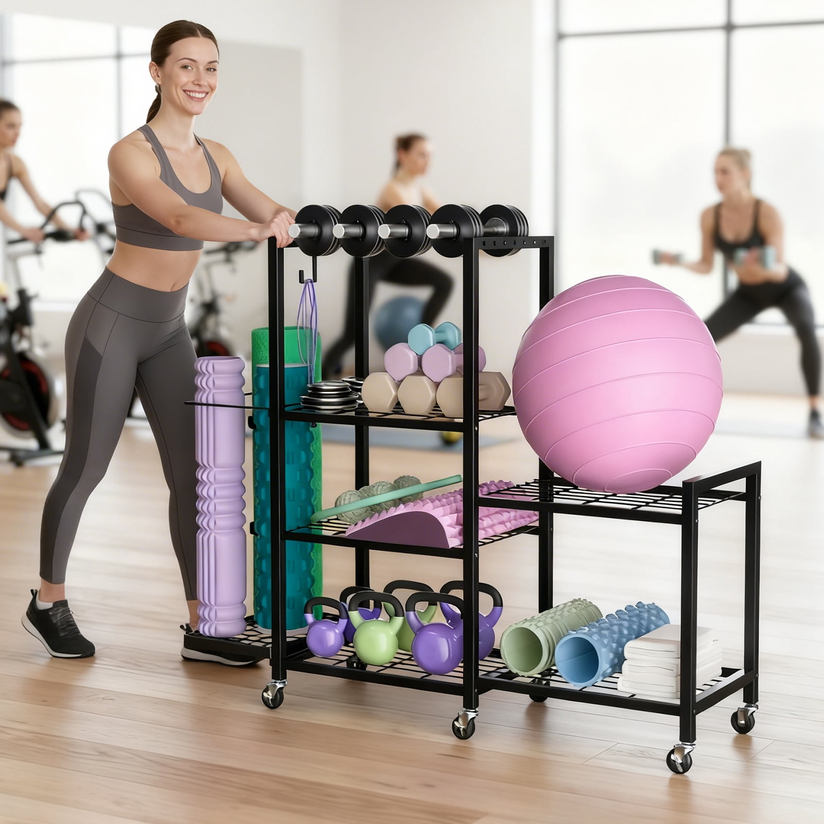 Home Gym Storage, Rack with Wheels, Adjustable Dumbbell Storage Yoga Mat Organizer, Multi-Purpose Fitness Equipment Stand