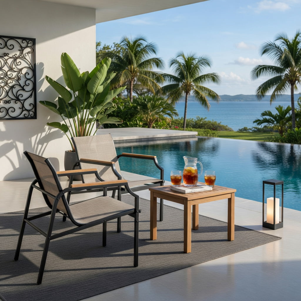 Hommoo 3-Piece Outdoor Patio Furniture Set, 2 Ergonomic Metal Chairs + Tempered Glass Coffee Table, Breathable Fabric Seats, Brown