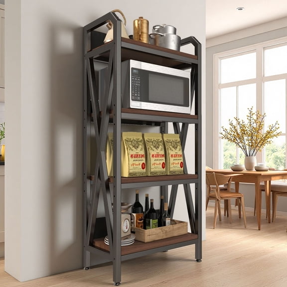 CQSXDA 56.3" 4-Tier Bakers Rack with Wooden Shelves, Black Metal and Wood Kitchen Storage Organizer, 25.60'' Length